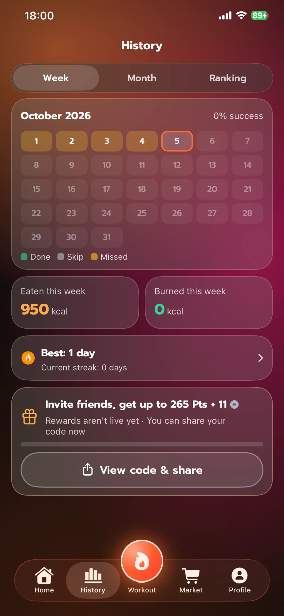 หน้าประวัติรายสัปดาห์ของแอป KaoBurn ธีมเมชกลาส (UI ภาษาอังกฤษ) ปฏิทินตุลาคม 2026 แคลอรี่ที่กินและเบิร์นในสัปดาห์นี้ และสถิติวันติดต่อกัน