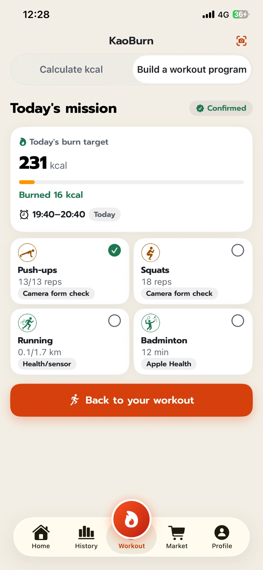 หน้าภารกิจวันนี้ของแอป KaoBurn ธีมสว่าง (UI ภาษาอังกฤษ) เป้าเบิร์น 231 kcal วิดพื้น 13/13 ครั้งด้วยกล้องตรวจท่า สควอท 18 ครั้ง วิ่ง 1.7 กม. และแบดมินตัน 12 นาทีจาก Apple Health