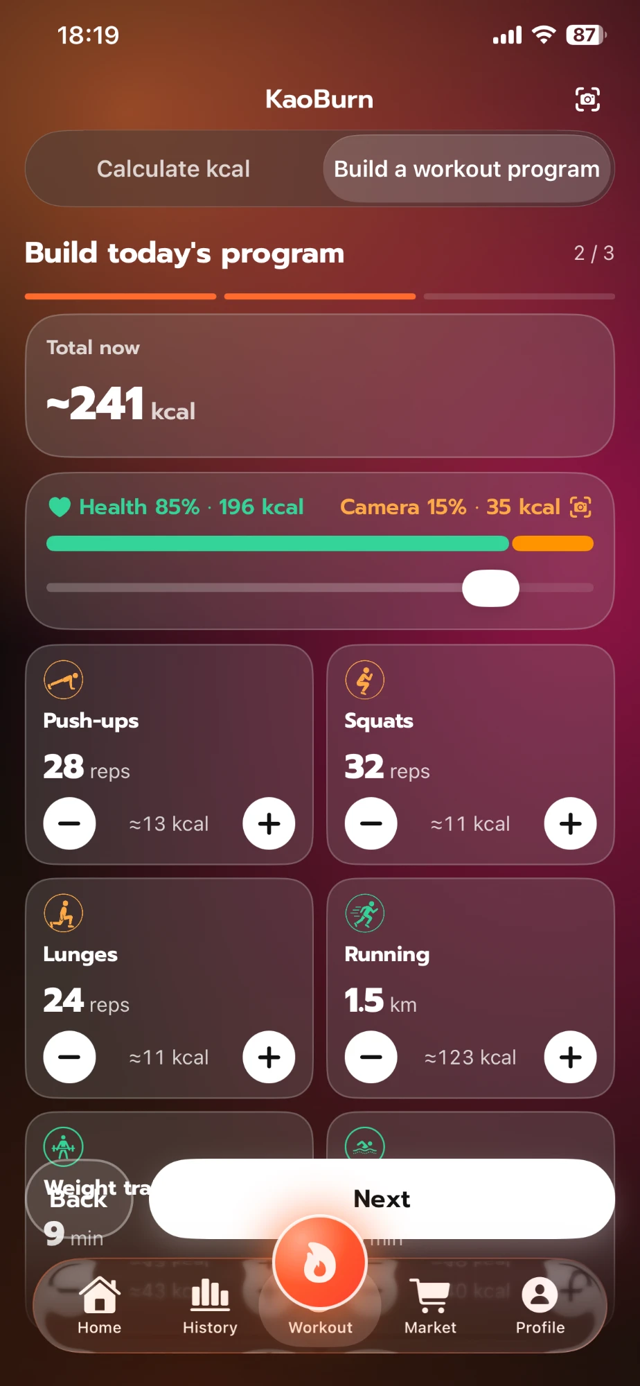 หน้าสร้างโปรแกรมของแอป KaoBurn ขั้นที่ 2 จาก 3 ธีมเมชกลาส (UI ภาษาอังกฤษ) รวมประมาณ 241 kcal แบ่ง Health 85% กล้อง 15% ปรับจำนวนแต่ละท่า วิดพื้น 28 ครั้ง สควอท 32 ครั้ง ลันจ์ 24 ครั้ง วิ่ง 1.5 กม.