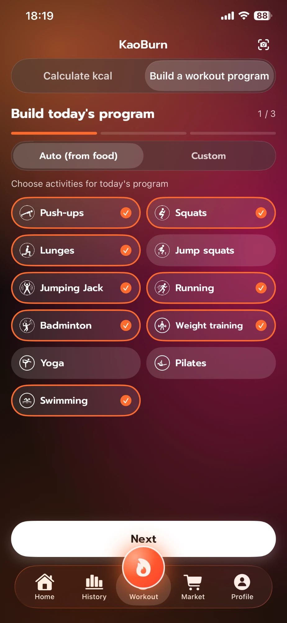 หน้าสร้างโปรแกรมวันนี้ของแอป KaoBurn ธีมเมชกลาส (UI ภาษาอังกฤษ) ขั้นที่ 1 จาก 3 โหมด Auto (จากอาหาร) เลือกวิดพื้น สควอท ลันจ์ กระโดดตบ วิ่ง แบดมินตัน เวทเทรนนิ่ง และว่ายน้ำ
