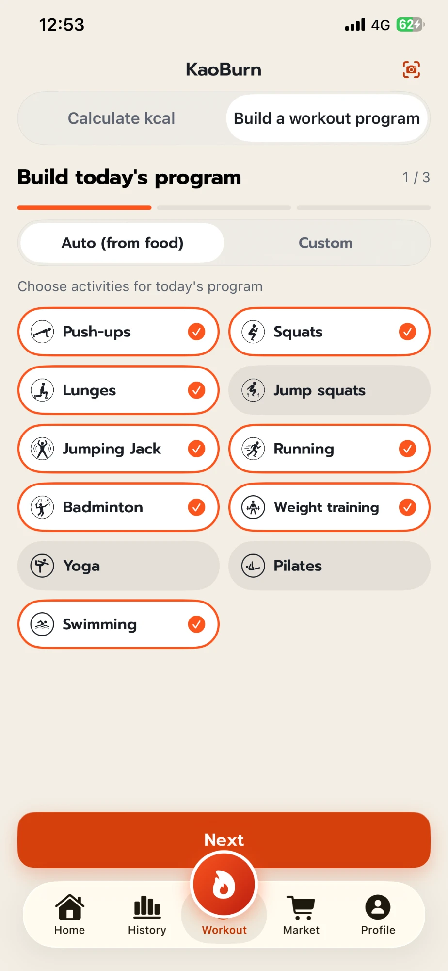 KaoBurn Build today's program screen, step 1 of 3, Auto (from food) mode with push-ups, squats, lunges, jumping jacks, running, badminton, weight training and swimming selected